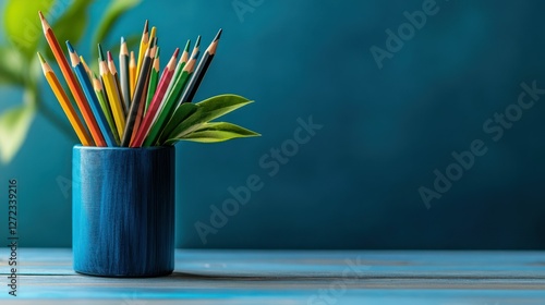 Colored pencils, blue holder, green leaves, background