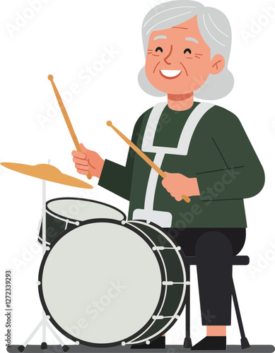 Elderly man playing drums in a cheerful style flat vector art