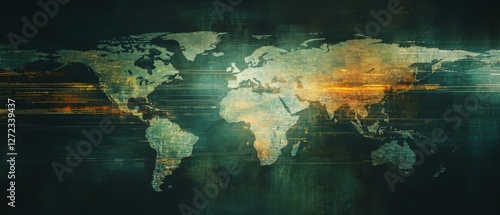 Fototapeta Naklejka Na Ścianę i Meble -  Distressed world map with digital glitches and grunge texture Global communication, technology, and data flow concept Ideal for backgrounds, presentations, and futuristic designs