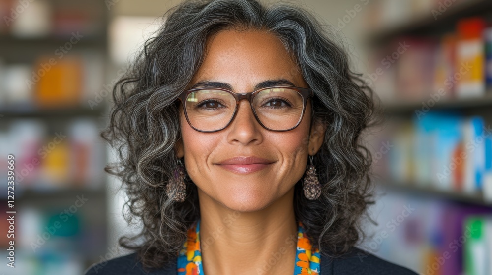 Portrait of a middle-aged woman with graying curly hair, wearing glasses and a colorful necklace. She exudes confidence and warmth.
