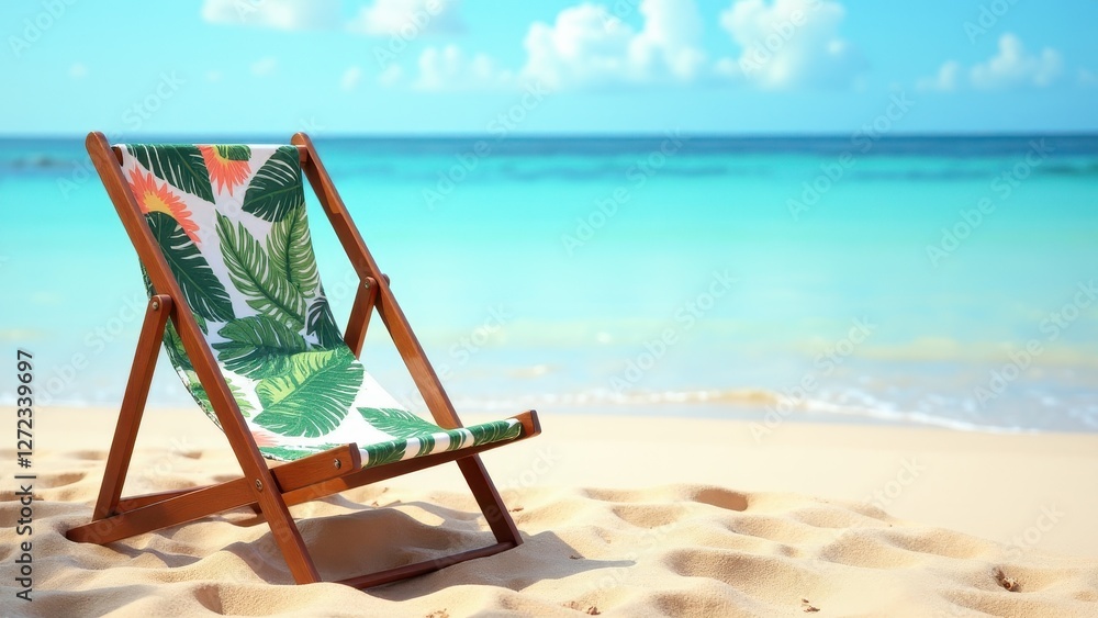 A deck chair with a tropical leaf pattern sits on a sandy beach with turquoise water and a blue sky in the background. A deck chair with a tropical leaf pattern sits on a sandy beach with turquoise water and a blue sky in the background.