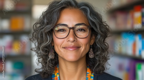 Obraz na płótnie Portrait of a middle-aged woman with graying curly hair, wearing glasses and a colorful necklace. She exudes confidence and warmth. w salonie