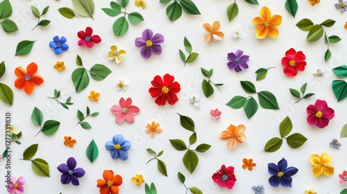 Colorful paper flowers, leaves, flatlay, white background, craft