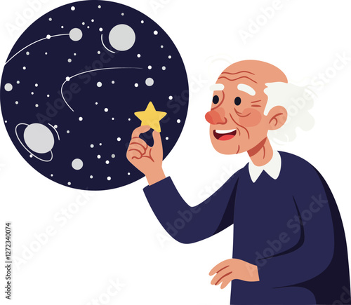 Elderly man holding a star while gazing at the night sky flat vector art