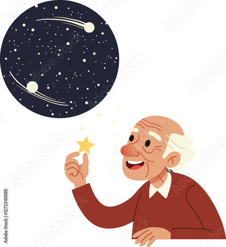 Elderly man holding a star gazing at the night sky flat vector art