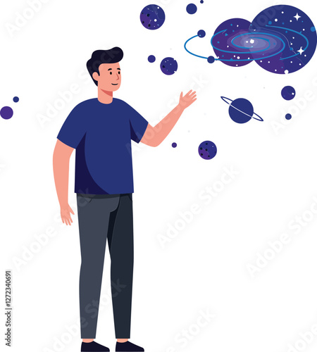 Person interacting with cosmic elements in a flat, colorful design vector illustration