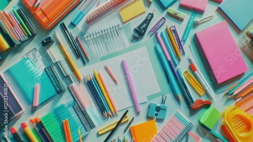 Colorful stationery flatlay; office supplies