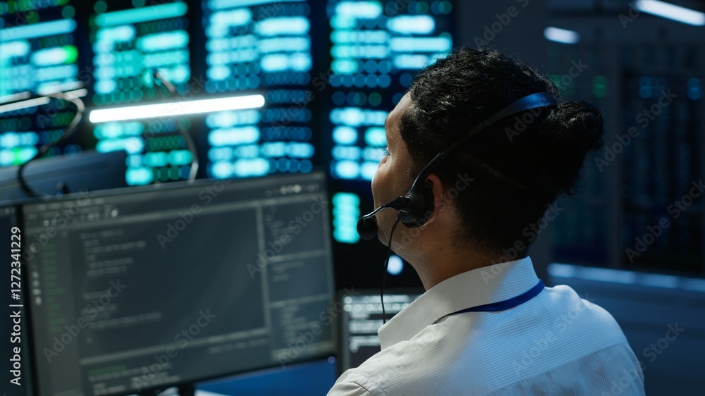 Fototapeta premium Data center computer scientist wearing mic headset, doing installation of networking equipment. Server hub IT professional talking in microphone with system administrators, camera A