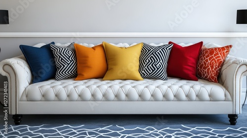 Colorful pillows on white sofa, room