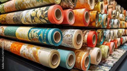 Colorful fabric rolls store display