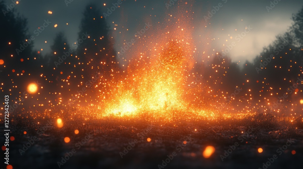 Obraz premium Fiery Embers Exploding Across a Dark Forest Landscape