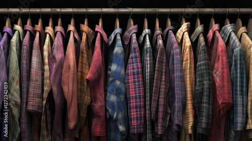 Plaid shirts hanging, dark closet, retail
