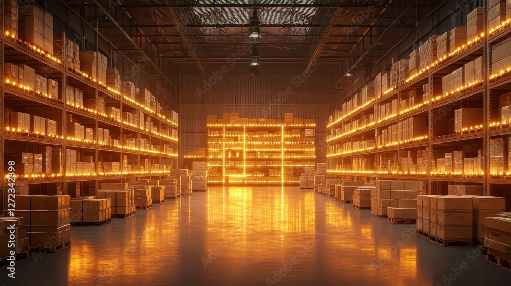 warehouse setup with digital inventory board, ambient light on data points, with supply chain outline warehouse setup with digital inventory board, ambient light on data points, with supply chain outline