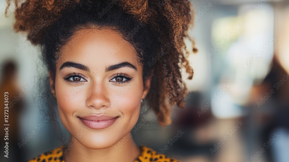 Fototapeta premium Close-up portrait of a young Black woman with a warm smile, showcasing her natural beauty and confident expression.