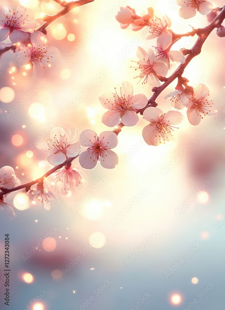 Fototapeta premium Spring Nature Art Background with Cherry Blossom and Sunlight in Dreamy Landscape