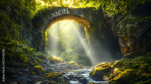 Enchanting hidden alcove nestled in a lush verdant forest featuring a majestic stone archway draped in a cascade of vines and moss bioluminescent mushrooms. Ethereal Light Beams. Illustration