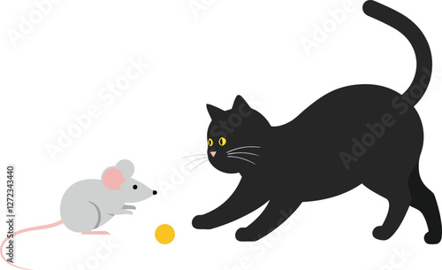 Black cat chasing gray mouse in playful scene with minimal style vector art