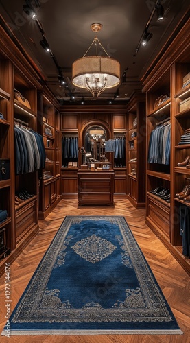 Luxurious wooden walk-in closet with blue rug, showcasing designer clothing and accessories photo