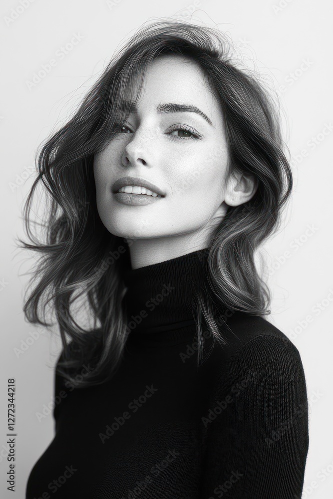 Minimalistic black and white portrait of a woman with tousled hair in side profile with soft lighting and textures Minimalistic black and white portrait of a woman with tousled hair in side profile with soft lighting and textures