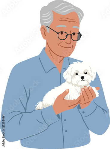 Elderly man holding small white dog in minimal flat vector illustration
