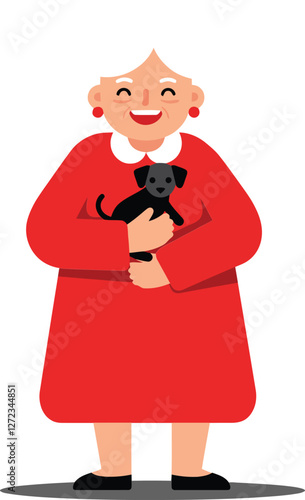 Happy elderly woman holding a small black dog in a flat vector illustration