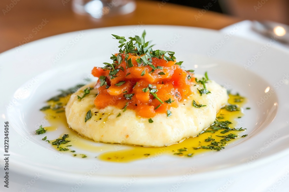 Creamy mashed potatoes with tomato relish on plate