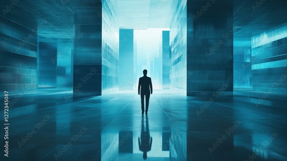 A solitary figure walks towards a bright future in a futuristic, teal-toned architectural space, symbolizing ambition and progress. A solitary figure walks towards a bright future in a futuristic, teal-toned architectural space, symbolizing ambition and progress.