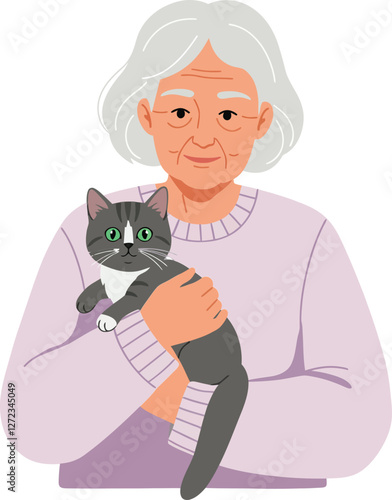 Elderly woman holding a cat in a minimal and colorful vector illustration