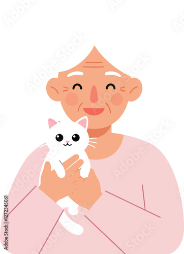 Elderly person smiling while holding a cute cat in flat vector illustration