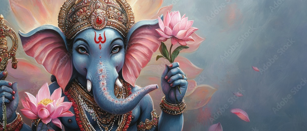 Fototapeta premium Serene Blue Ganesha Holding Lotus Flowers: A Divine Portrait of the Hindu God of Wisdom and New Beginnings