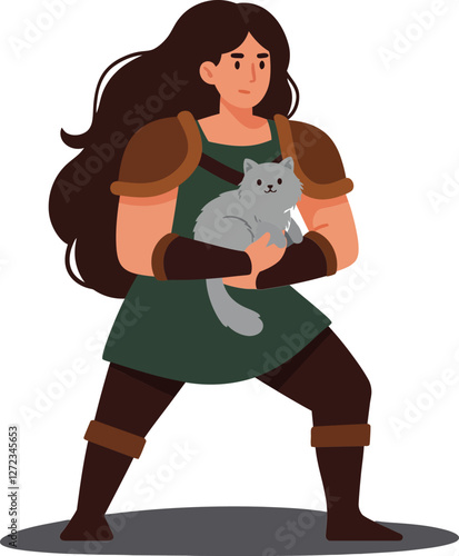 Warrior woman holding a cat in a detailed flat vector illustration