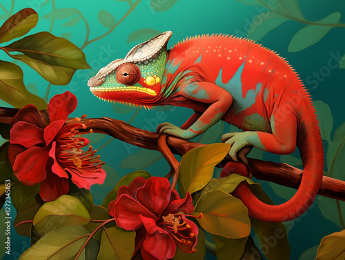 The chameleon’s vibrant skin color matches the rich hues of tropical flowers and leaves, showcasing its extraordinary ability to adapt and blend with its environment.