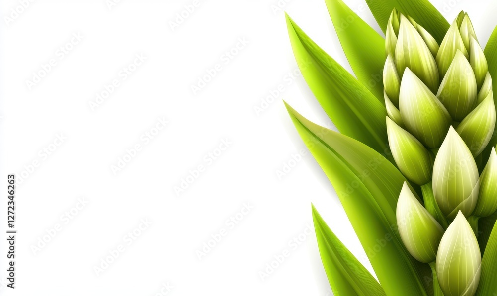 Obraz premium Lush green plant with budding flowers against a clean white background, ideal for nature themes