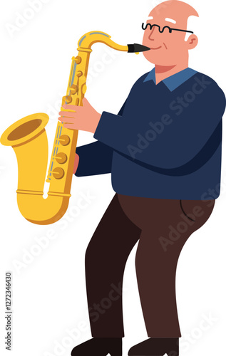 Saxophonist playing lively music in flat minimal style vector art