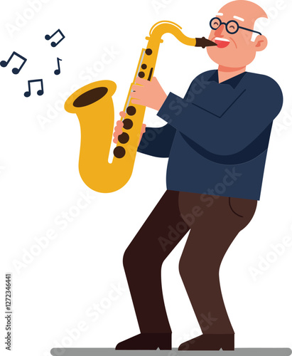 Elderly man playing saxophone in flat design vector art