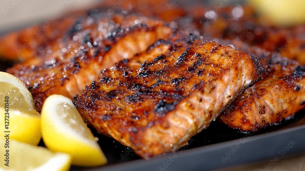 Grilled salmon fillets with lemon slices. Delicious meal Grilled salmon fillets with lemon slices. Delicious meal