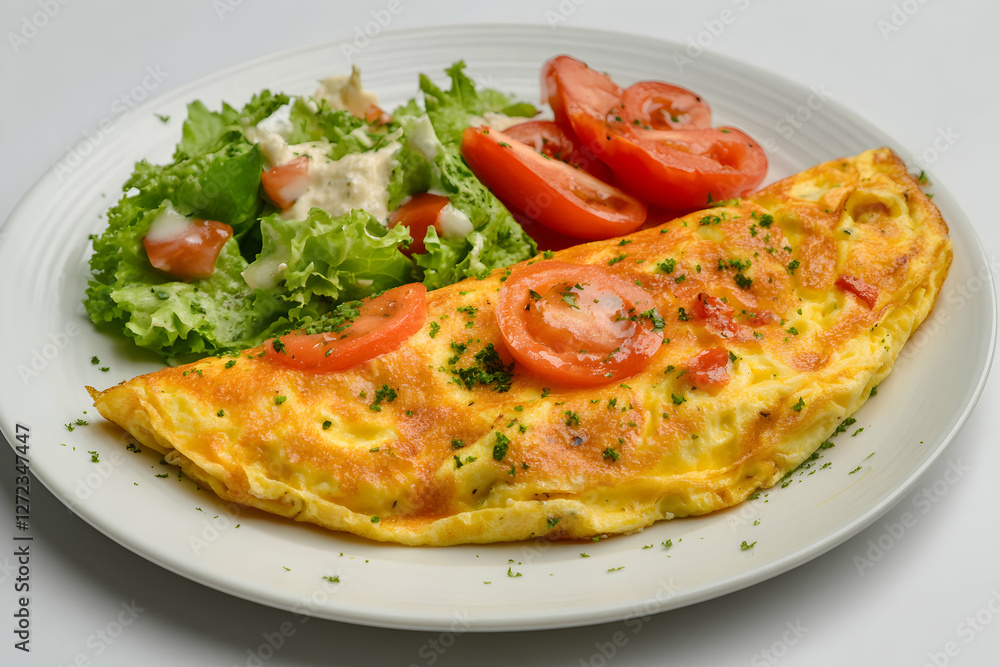 A delightful omelette presented with fresh tomatoes and crisp salad, a vibrant and appetizing dish perfect for a healthy and balanced meal