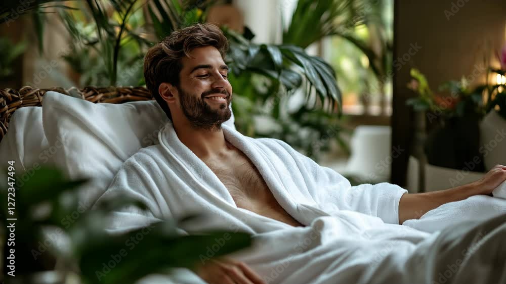 Relaxing in a cozy home: a man enjoys a peaceful morning surrounded by lush greenery and natural light Relaxing in a cozy home: a man enjoys a peaceful morning surrounded by lush greenery and natural light
