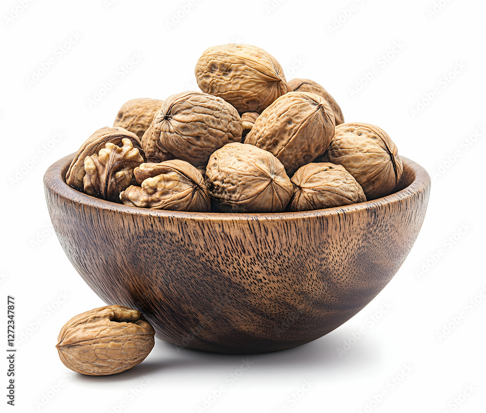 A Rustic Wooden Bowl Overflowing with Fresh Walnuts, an inviting composition showcasing natural textures and wholesome goodness in detail A Rustic Wooden Bowl Overflowing with Fresh Walnuts, an inviting composition showcasing natural textures and wholesome goodness in detail