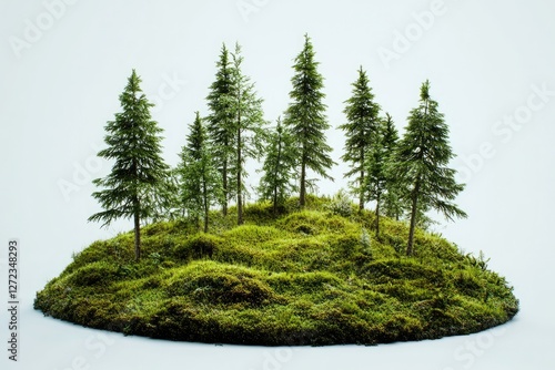 Miniature forest on grassy island, studio shot, trees, nature photo