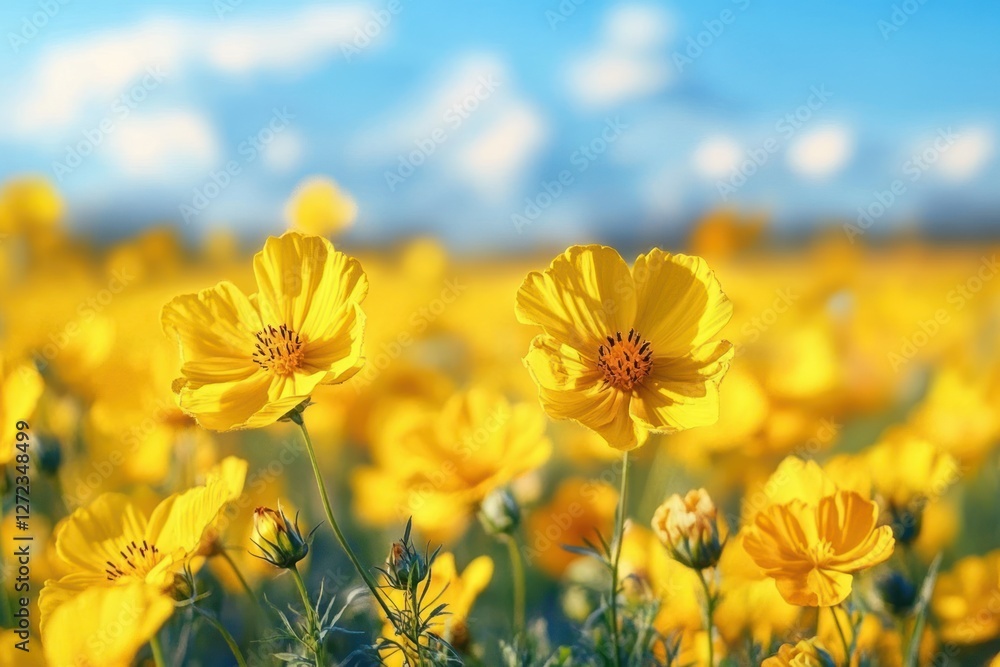 Fototapeta premium Vibrant Yellow Rapeseed Flowers Under Bright Blue Sky in Blooming Canola Field
