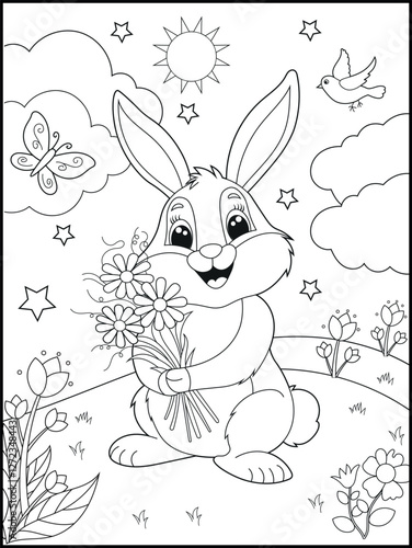 Illustration of a cute bunny cartoon character holding a flower bouquet. Black and white Printable rabbit coloring page for kids.

