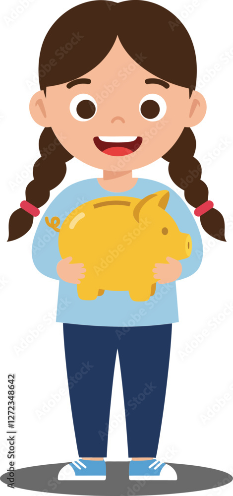 Young girl holding a yellow piggy bank in a flat vector illustration Young girl holding a yellow piggy bank in a flat vector illustration
