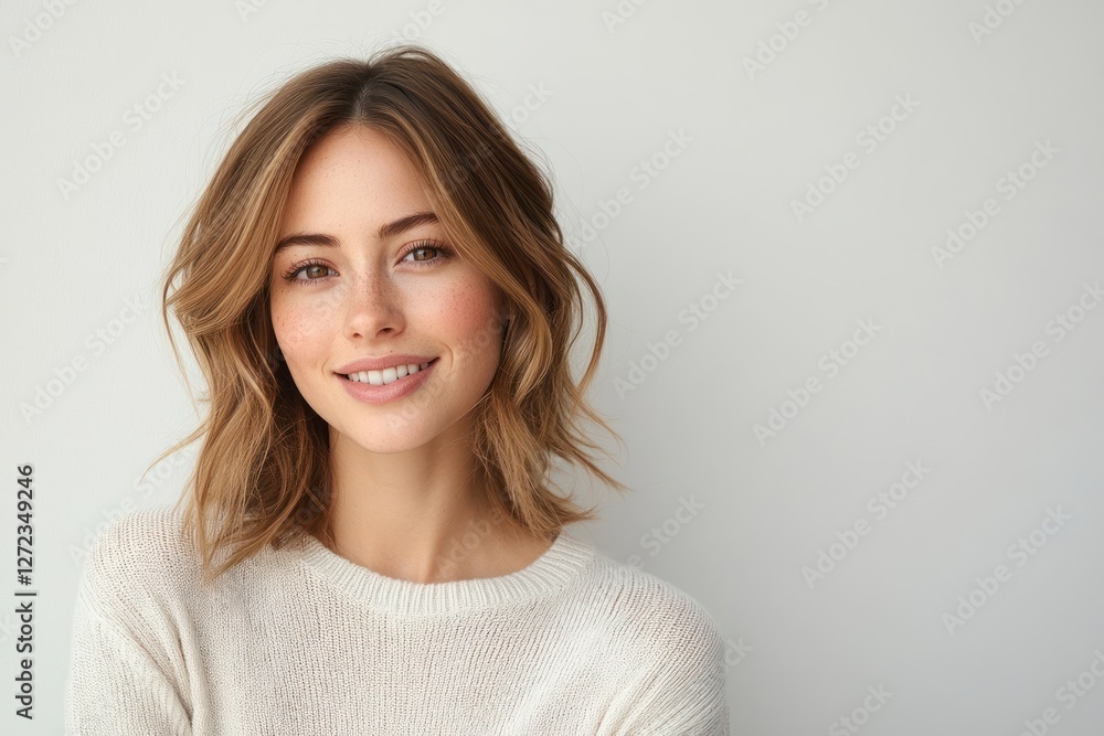 minimalist portrait of happy young woman with soft lighting in sweater minimalist portrait of happy young woman with soft lighting in sweater