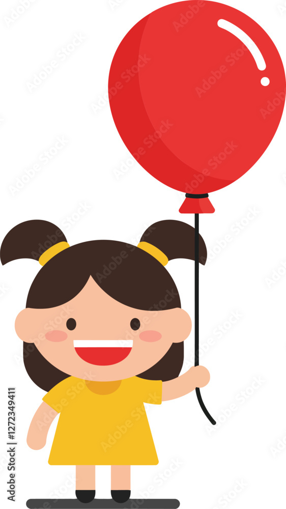 Happy child holding a bright red balloon in flat vector art style Happy child holding a bright red balloon in flat vector art style