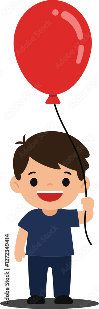 Cheerful boy holding bright red balloon in flat vector illustration Cheerful boy holding bright red balloon in flat vector illustration