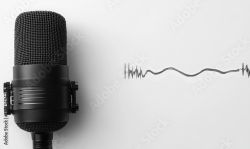 A close-up of a black microphone with sound wave patterns on a white background, symbolizing audio recording