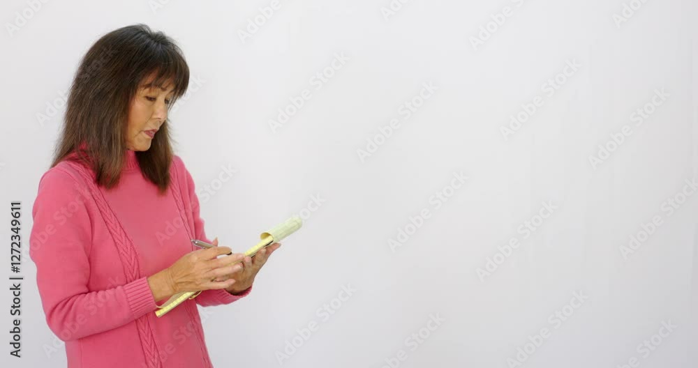 Woman using note pad and pen writing standing medium shot copy space Woman using note pad and pen writing standing medium shot copy space
