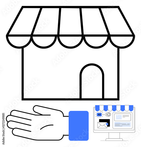 Storefront with awning, welcoming hand gesture, and online shopping interface. Ideal for small business, support, online store, local business, customer service e-commerce marketing. Line metaphor