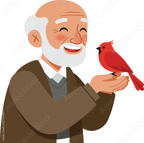 Friendly elderly man smiling while holding a red bird in flat vector illustration